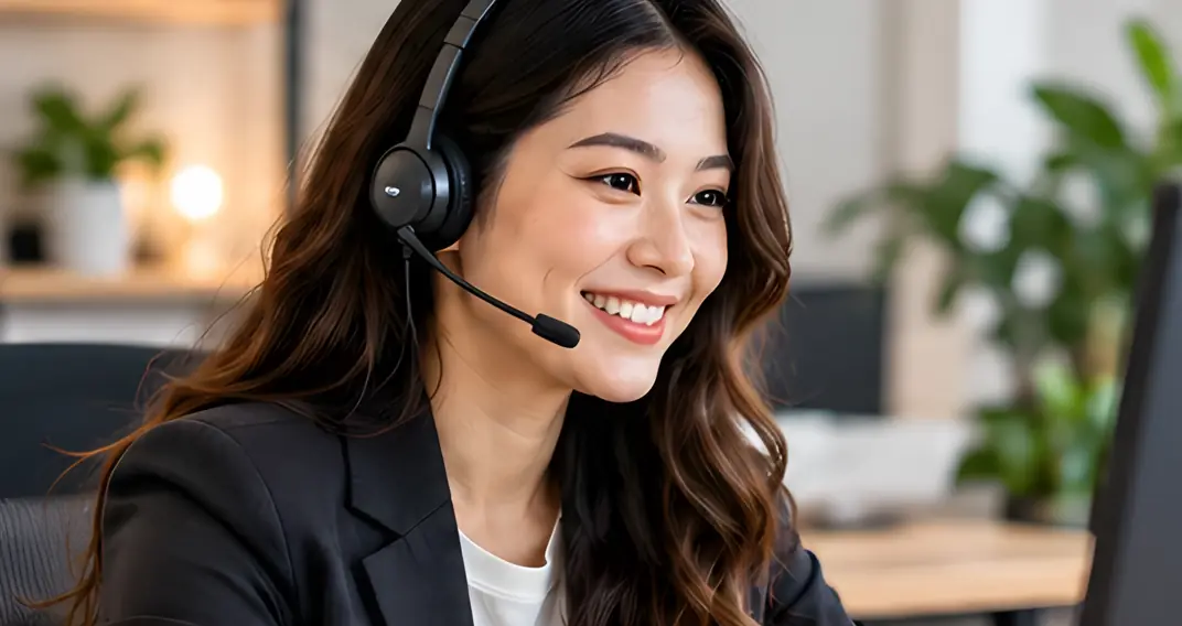 A smiling support agent in a headset and blazer, talking with a customer