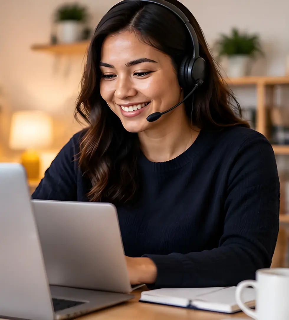 A smiling customer-support agent wearing a headset, working on a laptop at home