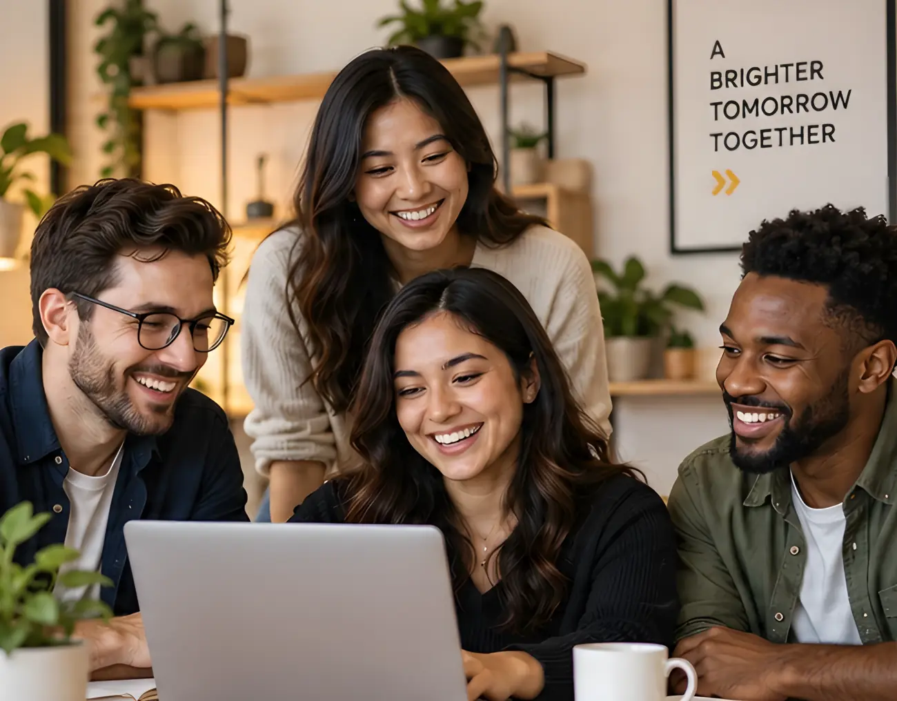 Four WorkRoute team members laughing together around a laptop