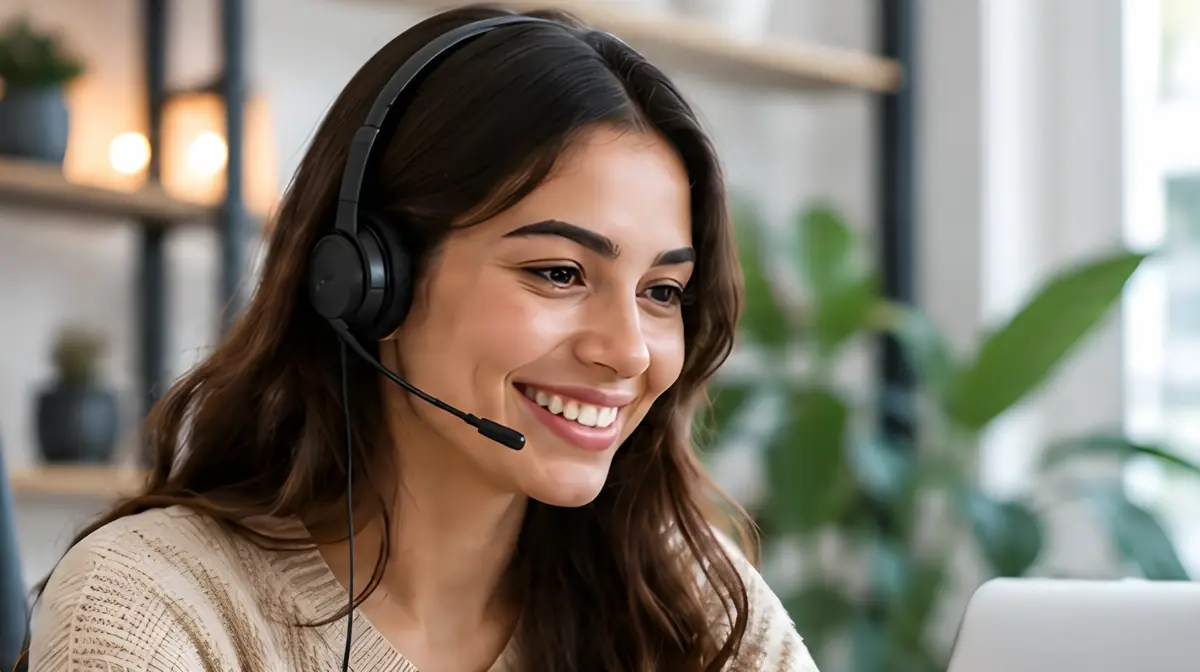A friendly support agent in a headset smiling while working on a laptop