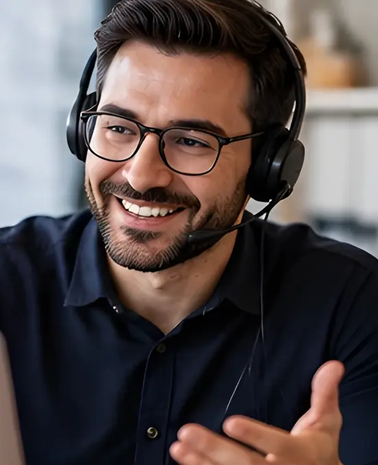 A support agent in glasses and a headset smiling while talking with a customer